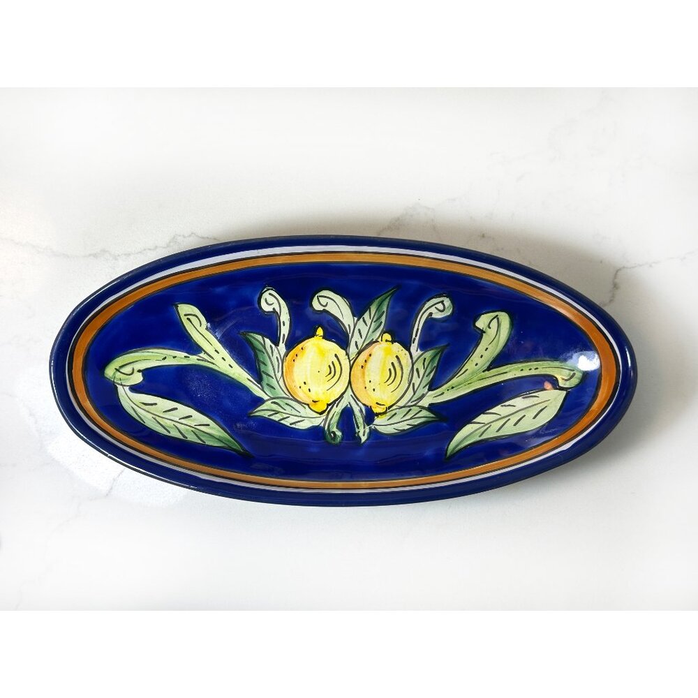 Le Souk Ceramique Tunisia Oval Serving Dish Bowl Cobalt Blue Yellow Lemons 9.5"